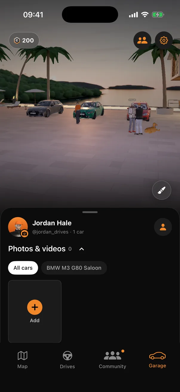 Motora garage at an island villa with three friends' cars and their characters